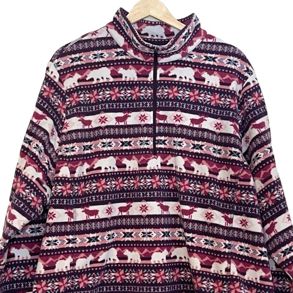 Lands' End 1/4 Zip Fleece Fair Isle Pullover Sweatshirt Size 3X Mock Neck Pink - Picture 3 of 12